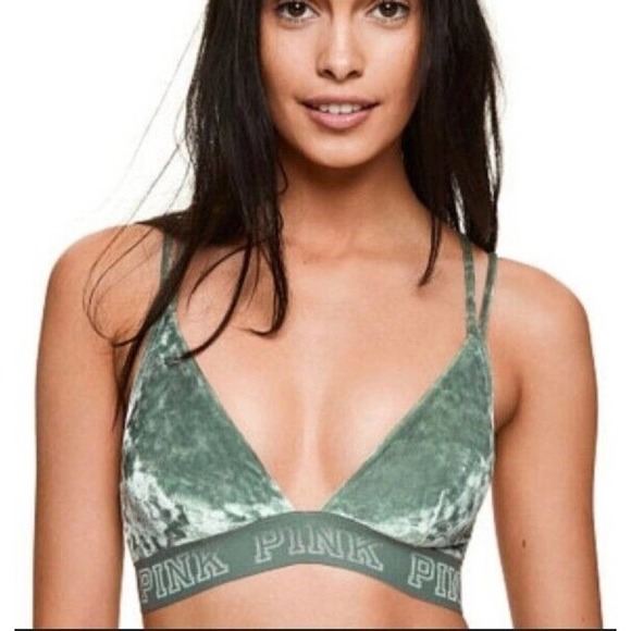 Victorias Secret VS PINK Velvet Triangle Bralette Dark Garden Green Bra 1579 S - Picture 1 of 8